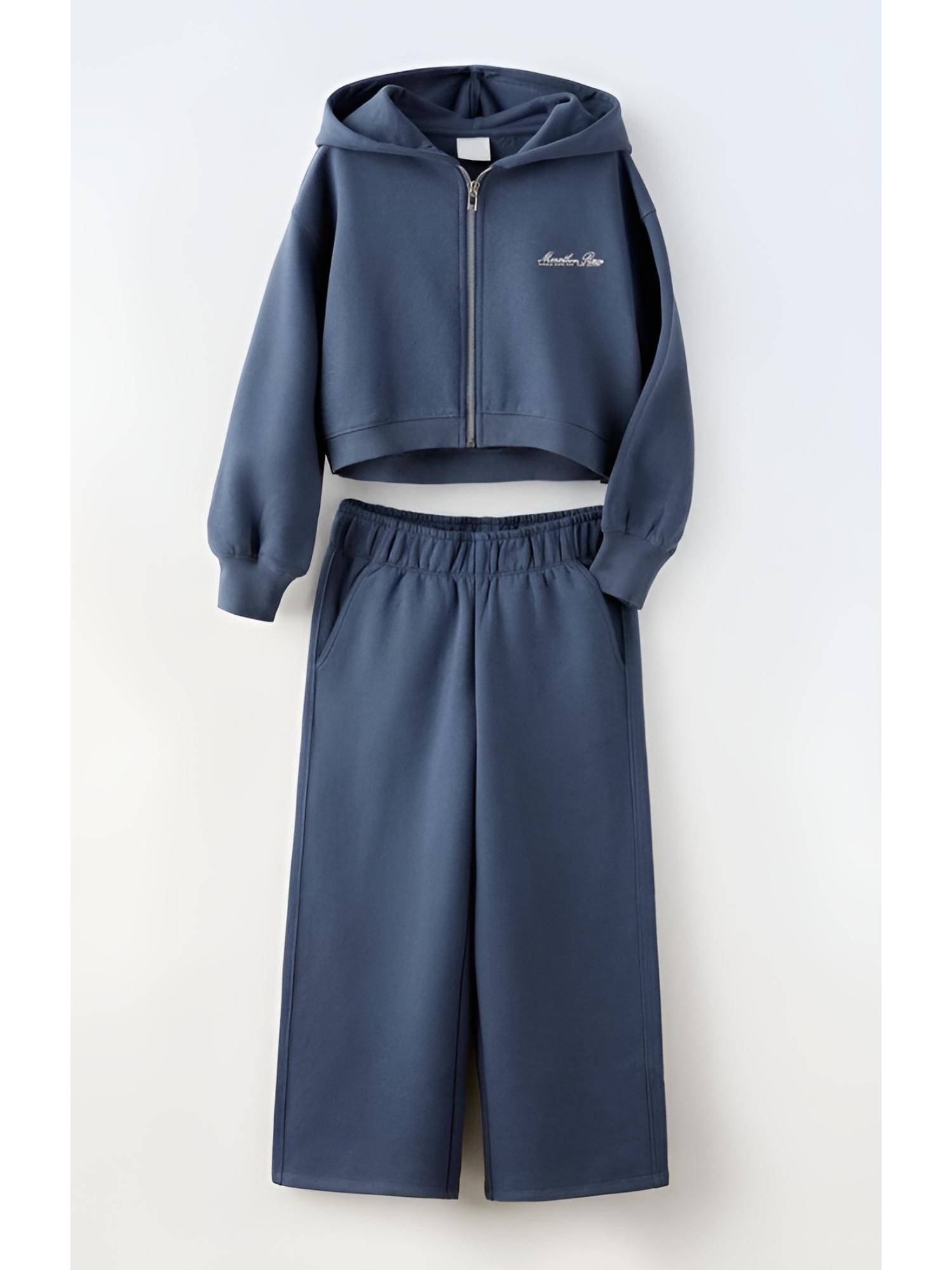 Alan Jones Cotton Solid Front Zipper Hoodie And Wide Leg Trackpant - Blue