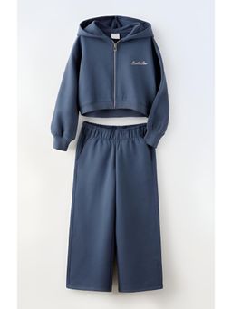 Alan Jones - Cotton Solid Front Zipper Hoodie And Wide Leg Trackpant - Blue