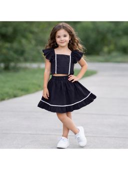 The Magic Wand - Woven Ruffle Sleeves Ric Rac Laced Smocking Top And Skirt - Black