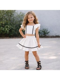 The Magic Wand - Woven Ruffle Sleeves Ric Rac Laced Smocking Top And Skirt - White