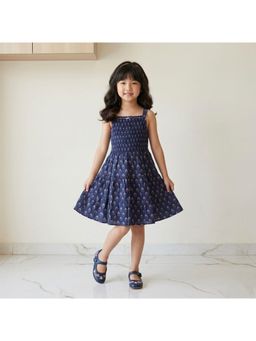 The Magic Wand - Strappy Floral Printed Smocked Fit And Flare Knee Length Dress- Navy Blue