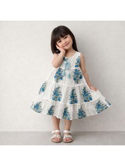 The Magic Wand - Sleeveless Floral Printed Tiered A-Line Knee Length Dress- Navy Blue
