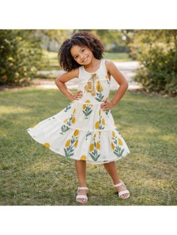 The Magic Wand - Sleeveless Floral Printed Tiered A-Line Knee Length Dress- White