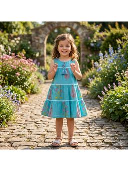 The Magic Wand - Sleeveless Floral Printed Tiered A-Line Knee Length Dress- Blue