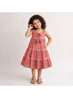 The Magic Wand - Sleeveless Floral Printed Tiered A-Line Knee Length Dress- Coral