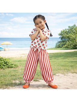 The Magic Wand - Half Sleeves Floral Printed Shirt And Stripes Harem Pant - Orange