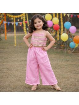 The Magic Wand - Woven Strappy Mirror Work Embroidered Top & Palazzo - Pink