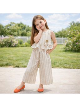 The Magic Wand - Sleeveless Stripes Ruffle Top And Pant - Beige