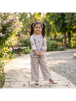 The Magic Wand - Three Fourth Sleeves Laced Floral Printed Top And Pant - Cream