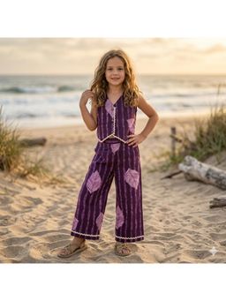 The Magic Wand - Sleeveless Leaf Printed Waistcoat Top And Pant - Purple