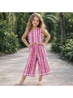 The Magic Wand - Sleeveless Stripes Printed Waistcoat Top And Pant - Fuchsia