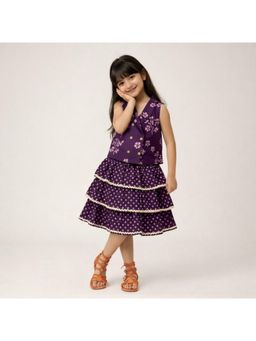 The Magic Wand - Sleeveless Floral Printed Waistcoat Top And Tiered Skirt - Purple