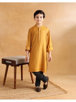 Fabindia - Mustard Viscose Blend Chikankari Long Kurta