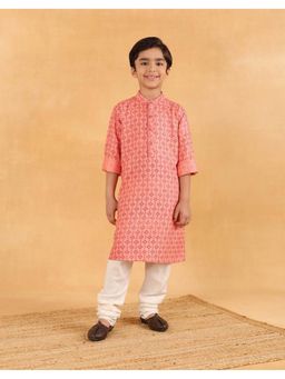 Fabindia - Peach Viscose Blend Hand Block Printed Long Kurta