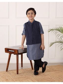 Fabindia - Blue Cotton Dobby Kurta with Nehru Jacket