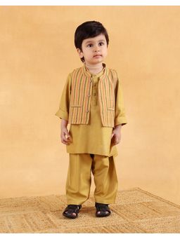 Fabindia - Mustard Viscose Blend Kurta with Nehru Jacket and Pyjama