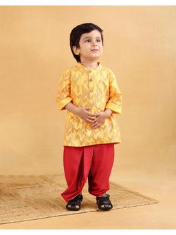 Fabindia - Yellow Viscose Blend Printed Kurta with Dhoti
