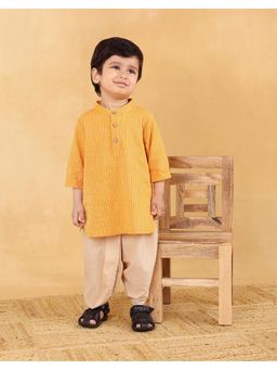 Fabindia - Yellow Cotton Dobby Kurta with Dhoti