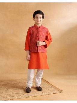Fabindia - Red Cotton Hand Block Printed Kurta with Nehru Jacket
