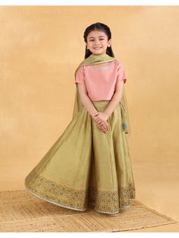 Fabindia - Green Cotton Silk Blend Printed Lehenga with Choli and Dupatta