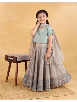 Fabindia - Grey Cotton Silk Blend Printed Lehenga with Choli and Dupatta
