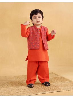 Fabindia - Red Cotton Hand Block Printed Kurta with Nehru Jacket and Pyjama