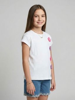 Monte Carlo - Off White Girls Regular Fit Half Sleeve Top