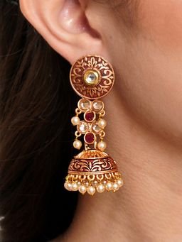 Karatcart - Gold Plated Maroon Meena and Pearl Studded Jhumki Earrings for Women
