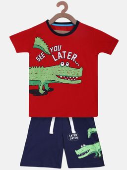 Lazy Shark - Boys Red and Blue Printed Cotton T-Shirt with Shorts (Set of 2)