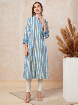 FASHOR - Stripes & Printed Crochet Lace Embellished Kurta - Blue