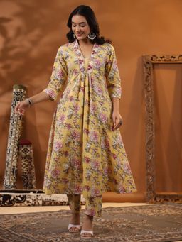 FASHOR - Floral Printed Kurta with Pants - Yellow (Set of 2)