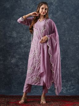 FASHOR - Embroidered Kurta with Pant & Dupatta - Lavender (Set of 3)