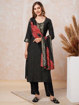 FASHOR - Abstract Printed Kurta with Pants & Dupatta - Black (Set of 3)