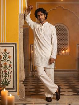 Jompers - White Embroidered Cotton Blend Kurta and Pyjama