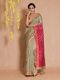 CHARUKRITI - Green Cotton Zari Motifs & Striped Pallu Handwoven Saree with Unstitched Blouse