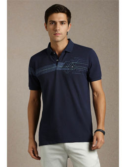 Louis Philippe - Men Navy Blue Print Collar Neck Polo T-shirt