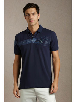Louis Philippe - Men Navy Blue Print Collar Neck Polo T-shirt