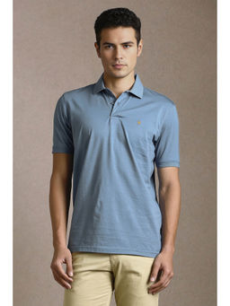 Louis Philippe - Men's Medium Blue Solid Mercirised Polo T-shirt with Contrast Branding