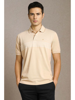 Louis Philippe - Men Beige Stripe Collar Neck Polo T-shirt