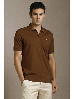 Louis Philippe - Men's Brown Solid Mercirised Polo T-shirt with Contrast Branding
