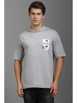 Louis Philippe - Men Grey Graphic Print Stylized Neck T-shirt