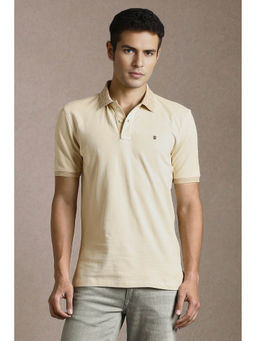 Louis Philippe - Men Beige Solid Collar Neck Polo T-shirt