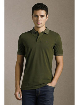 Louis Philippe - Men Olive Textured Collar Neck Polo T-shirt
