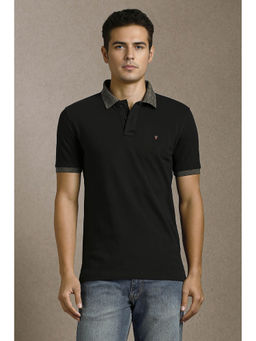 Louis Philippe - Men Black Textured Collar Neck Polo T-shirt