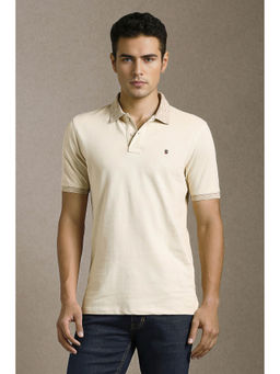 Louis Philippe - Men Beige Textured Collar Neck Polo T-shirt