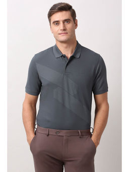 Peter England - Men Grey Patterned Collar Neck Polo T-shirt