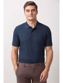 Peter England - Men Navy Blue Print Collar Neck Polo T-shirt