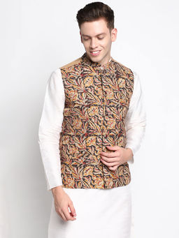 Devoiler - Men Beige & Black Printed Pure Cotton Nehru Jacket