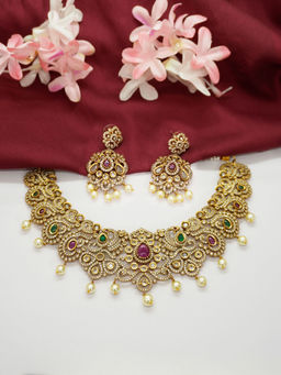 Niscka - Multi-Color 24K Gold-Plated Stones Pearls Jewellery Set