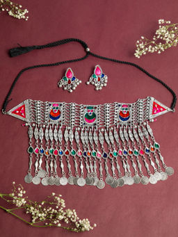 Niscka - Traditional Oxidised Meenakari Work Bohemian Choker with Earrings